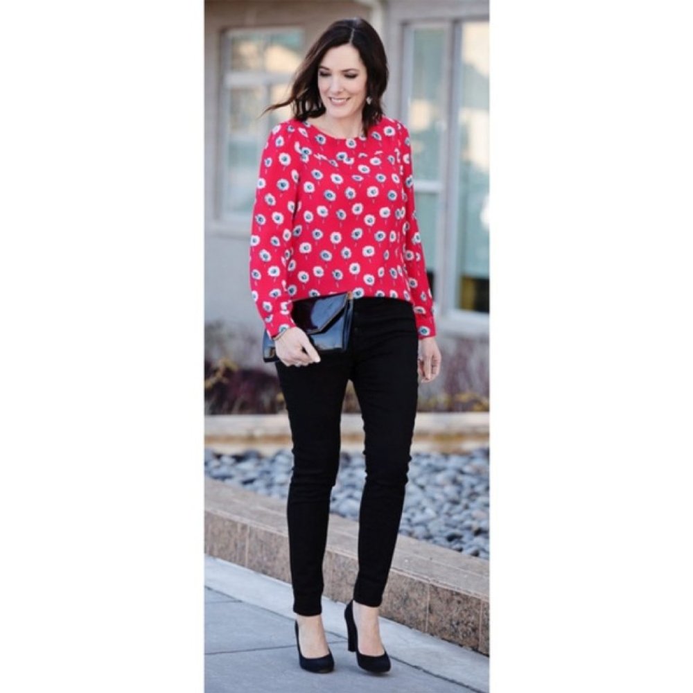 J. Crew Factory Red Long Sleeve Floral Blouse